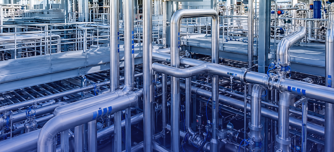 Industrial pipeline facility with steel piping and valves