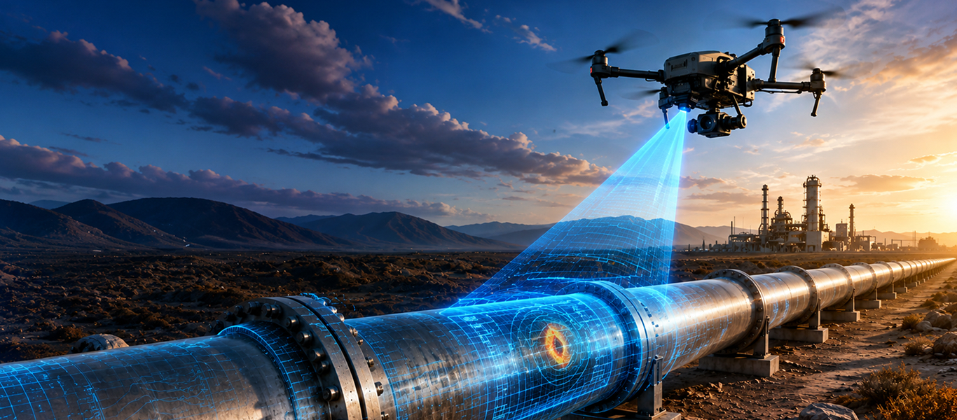 Drone flying over an industrial oil and gas pipeline during sunset