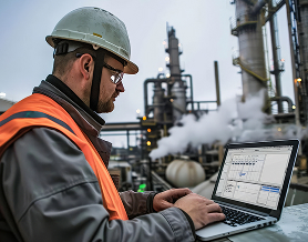 Engineer reviewing real-time pipeline data on a monitoring dashboard