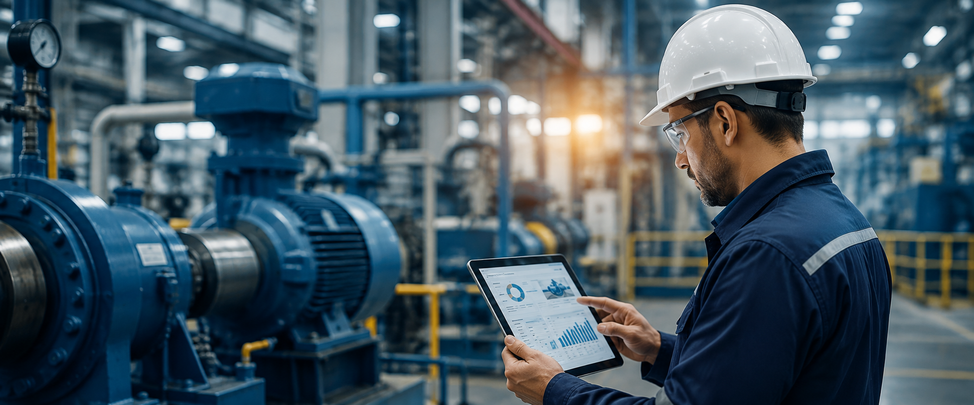 Inspector examining industrial pipeline equipment during a site inspection