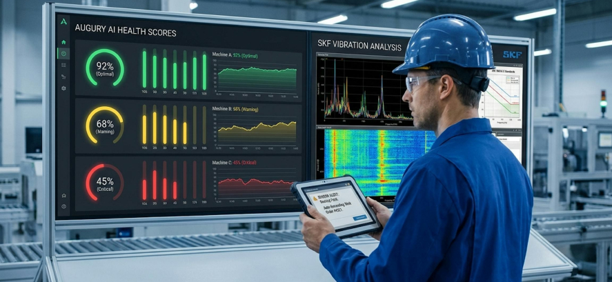 Engineer analysing vibration data from rotating machinery on a handheld device